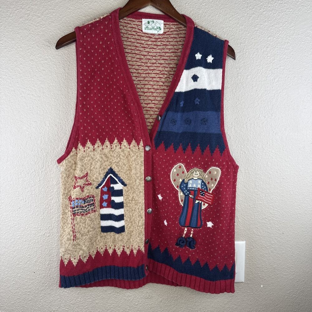 Vintage Women’s Quacker Factory Americana Red Knitted Sweater Vest Size Large - Picture 10 of 11